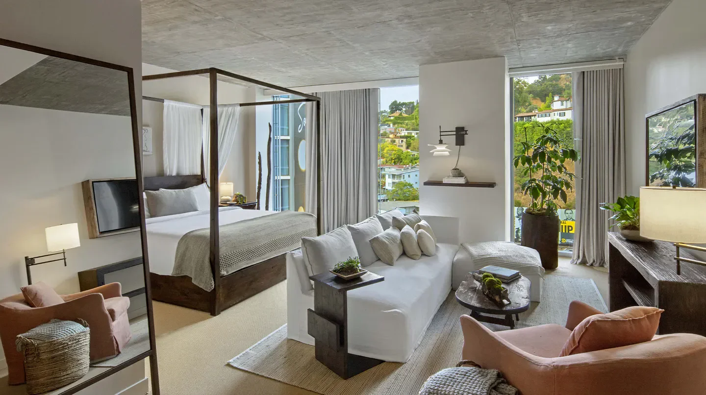 Stylish hotel room at 1 Hotel West Hollywood, Los Angeles with a view.