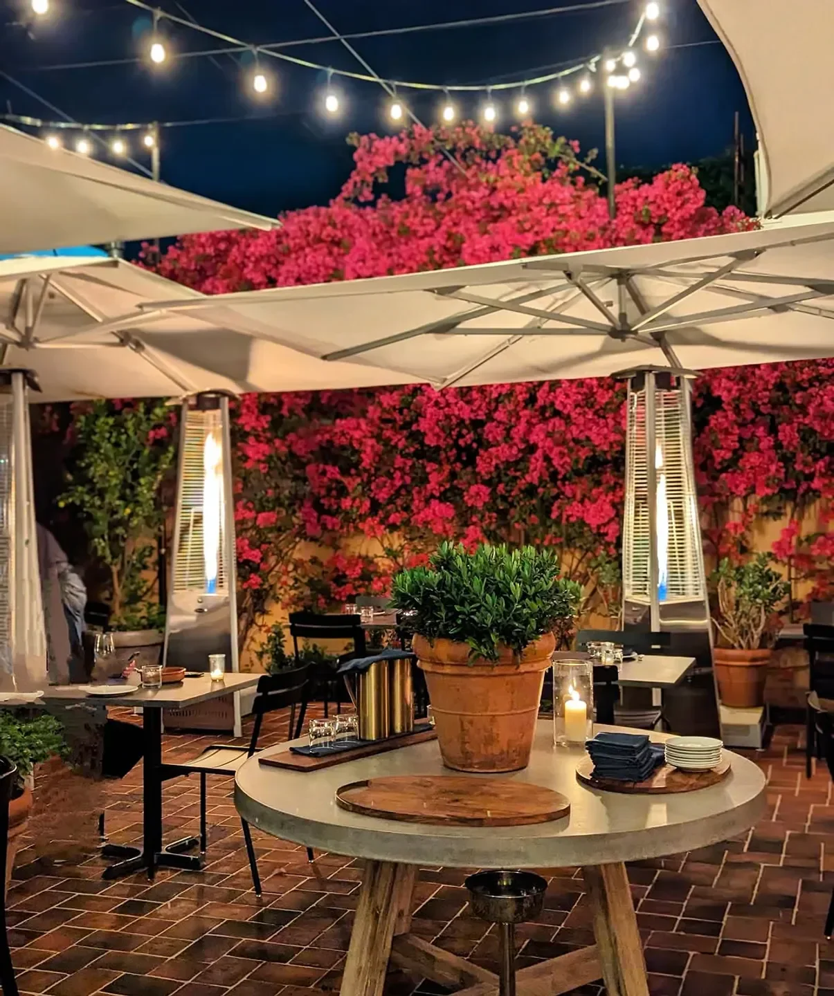 Outdoor dining at A.O.C. restaurant in Los Angeles, featuring flower wall and string lights.
