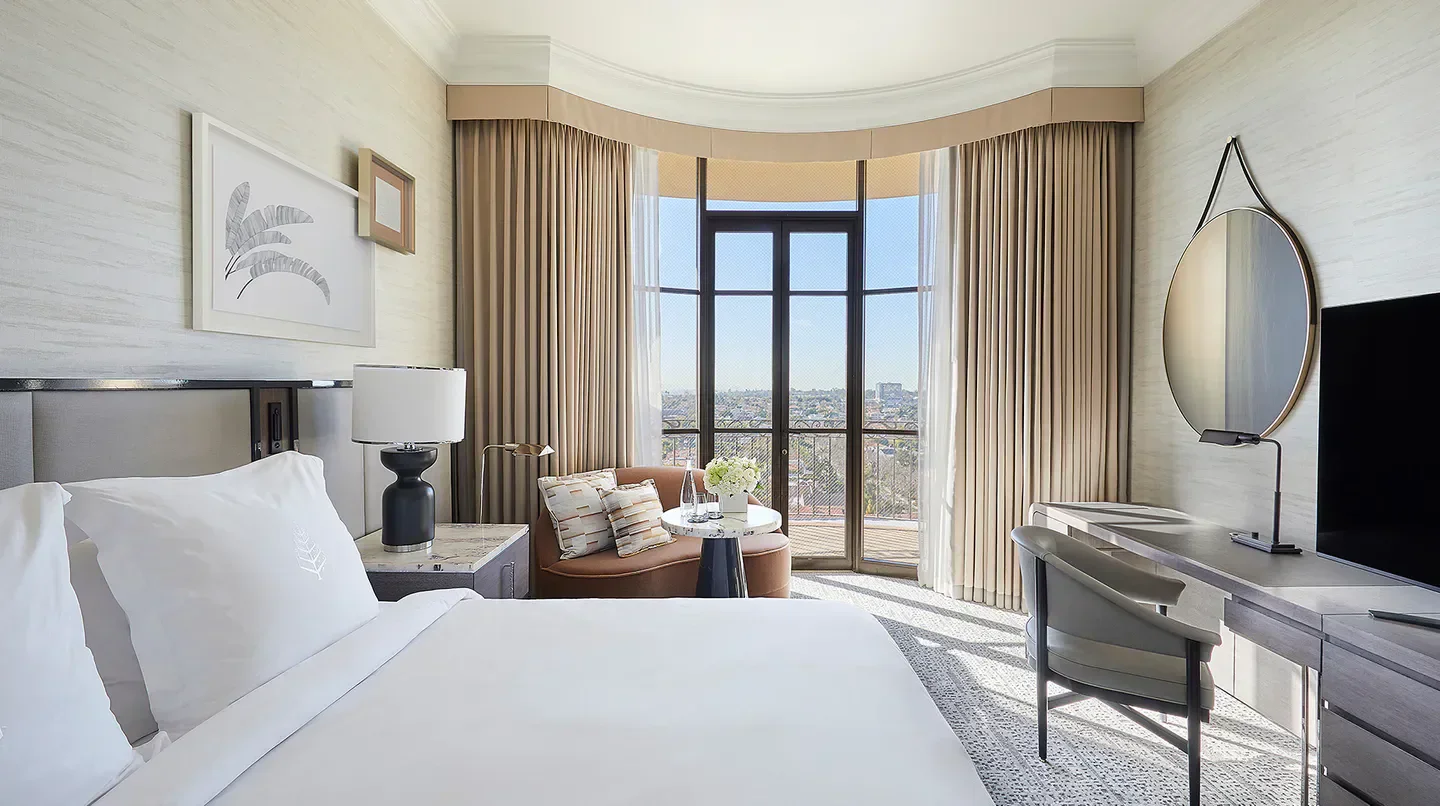 Elegant hotel room at Beverly Wilshire, A Four Seasons Hotel in Los Angeles with city view