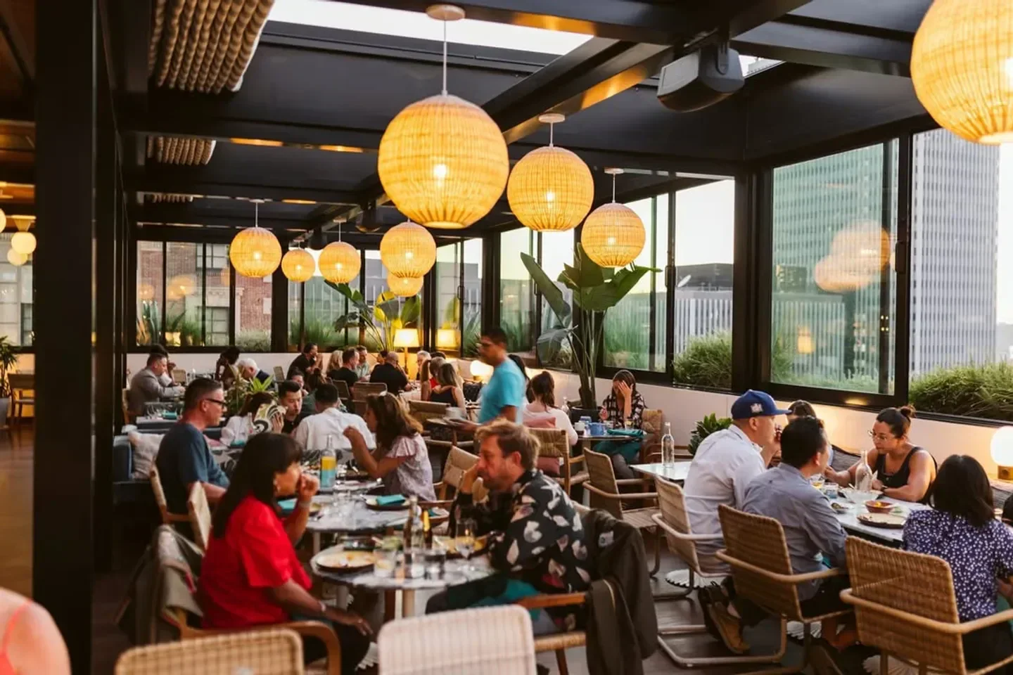Rooftop dining at Cabra Los Angeles with city views in Los Angeles, California.