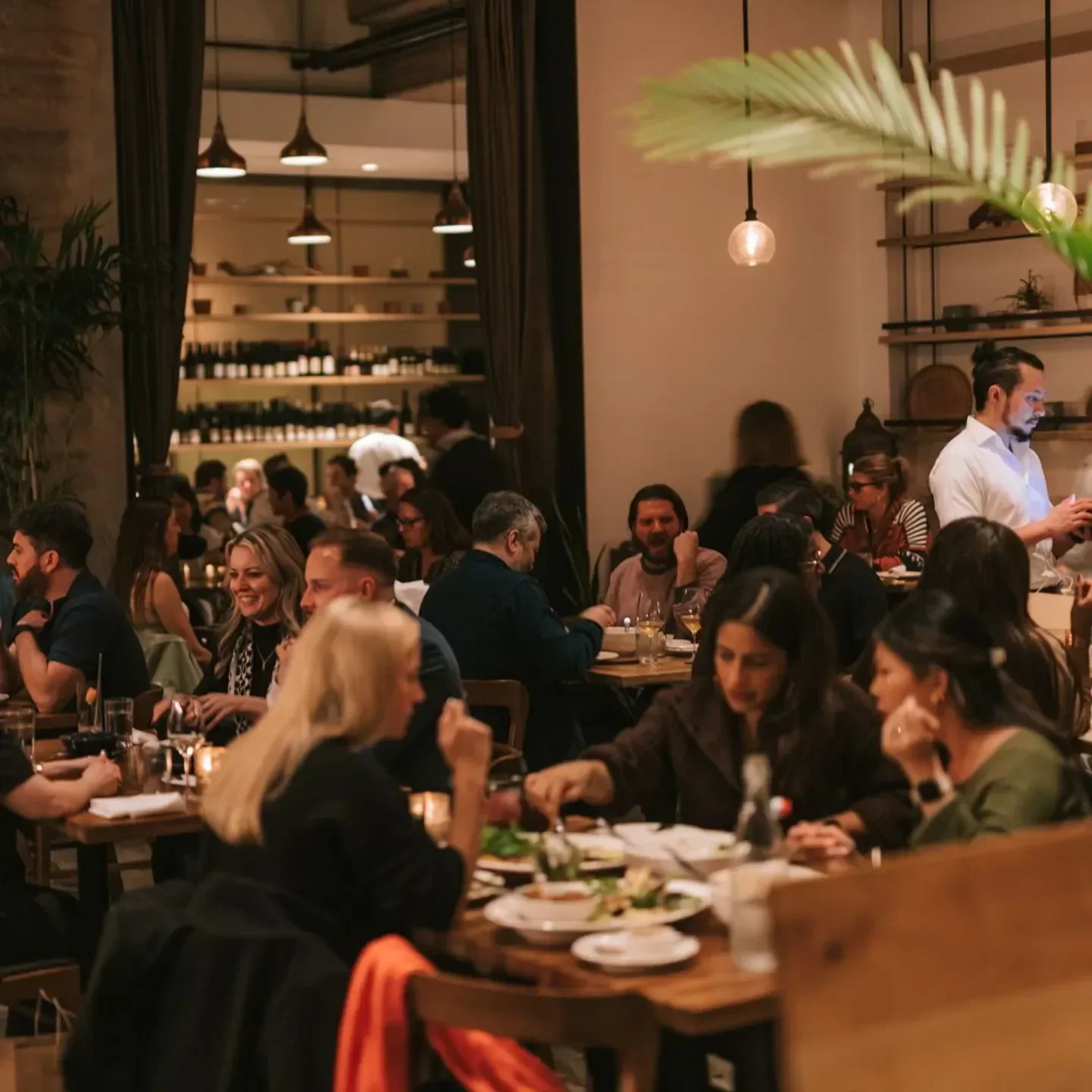 Busy dining room at Cassia restaurant in Los Angeles, filled with guests enjoying food.
