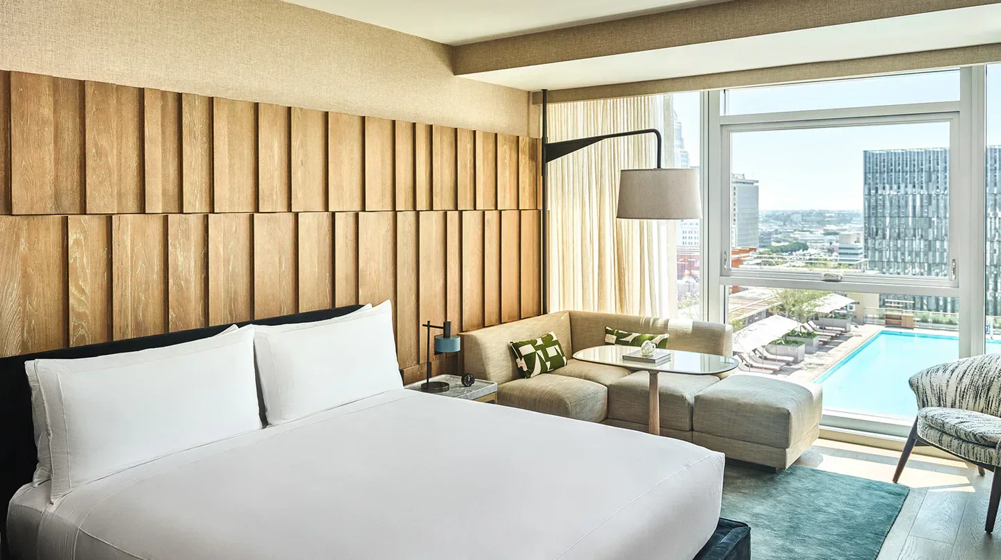 Modern hotel room at Conrad Los Angeles, with city views in Los Angeles, CA.