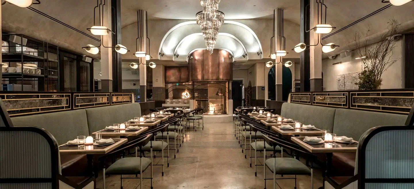 Elegant dining room interior at Gwen restaurant in Los Angeles, California