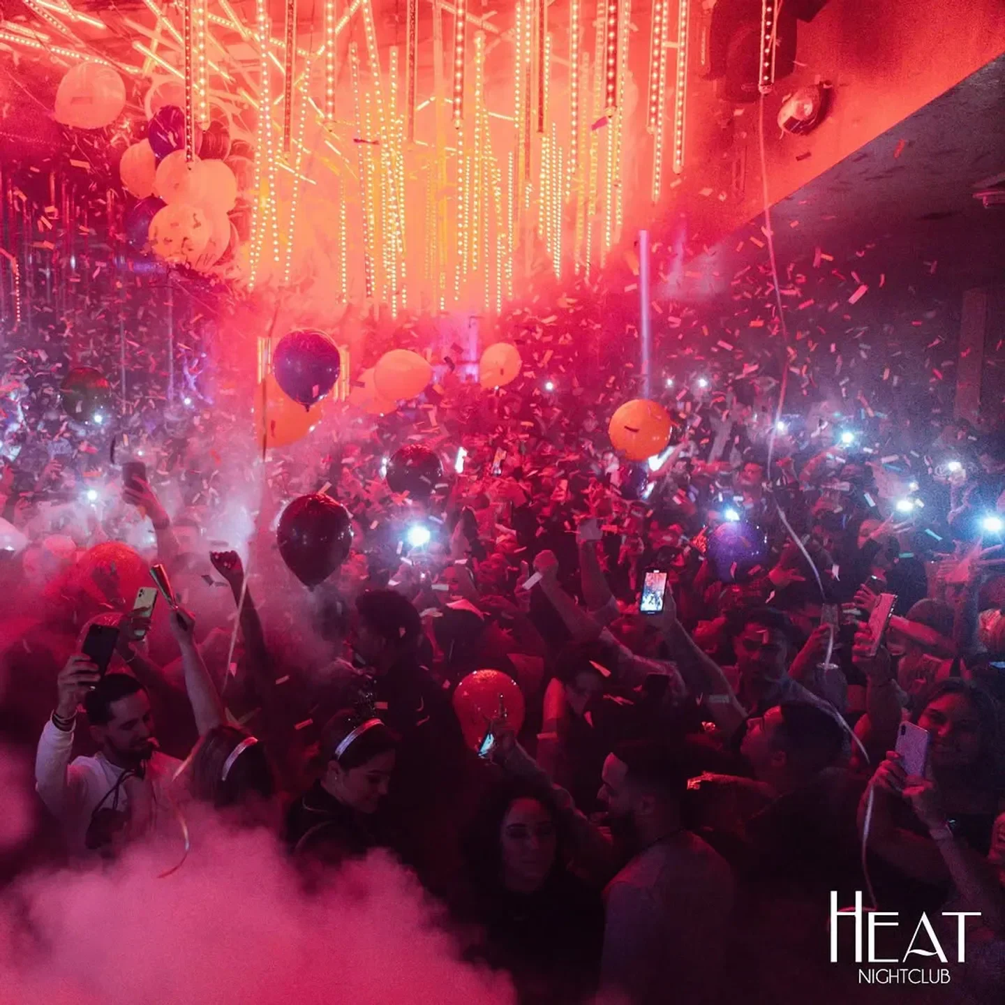 Energetic crowd celebrating at Heat Ultra Lounge in Los Angeles with confetti and balloons.