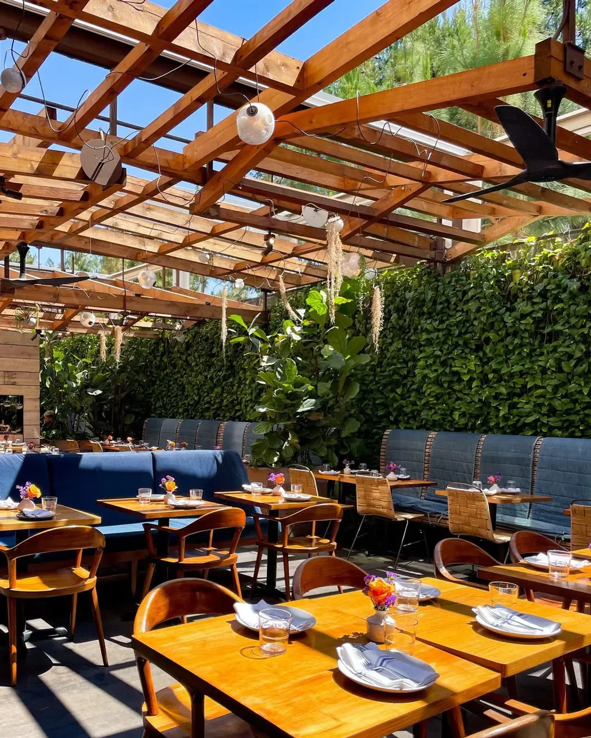 Outdoor dining area at Hinoki & the Bird in Los Angeles, featuring wooden tables and lush greenery.