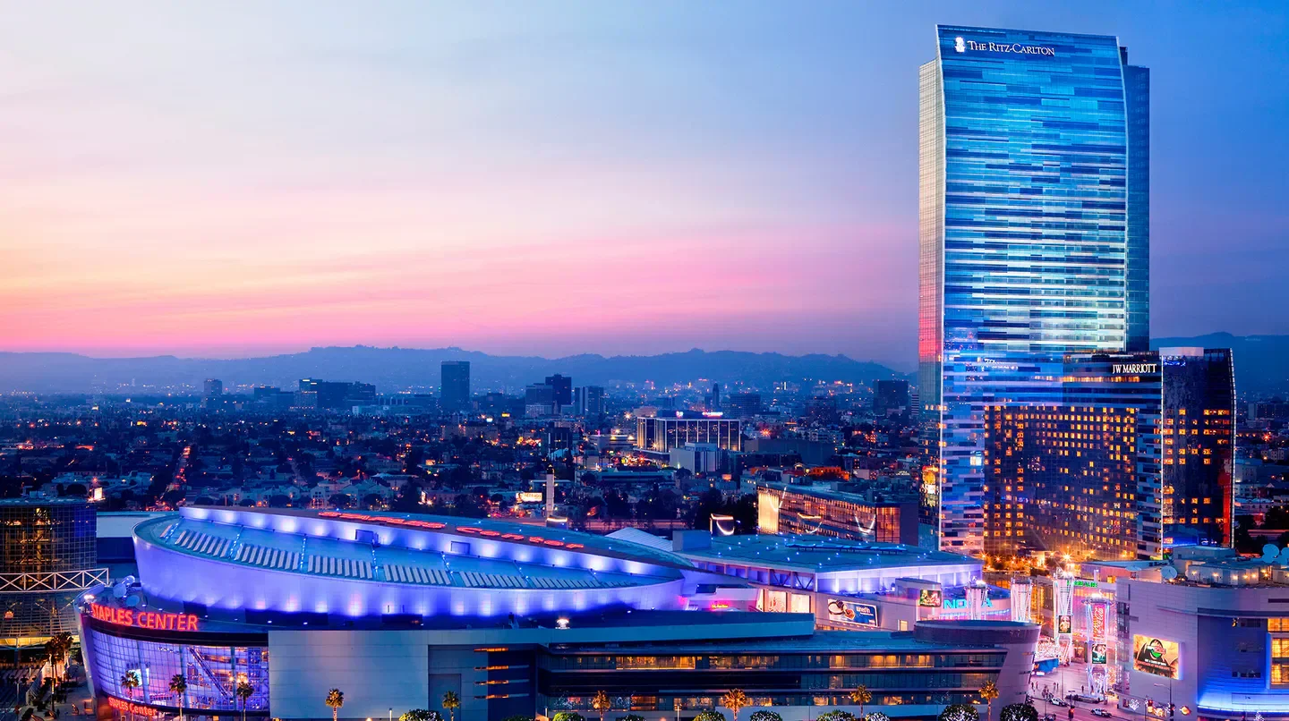 JW Marriott Los Angeles, L.A. Live at sunset, overlooking the city of Los Angeles.