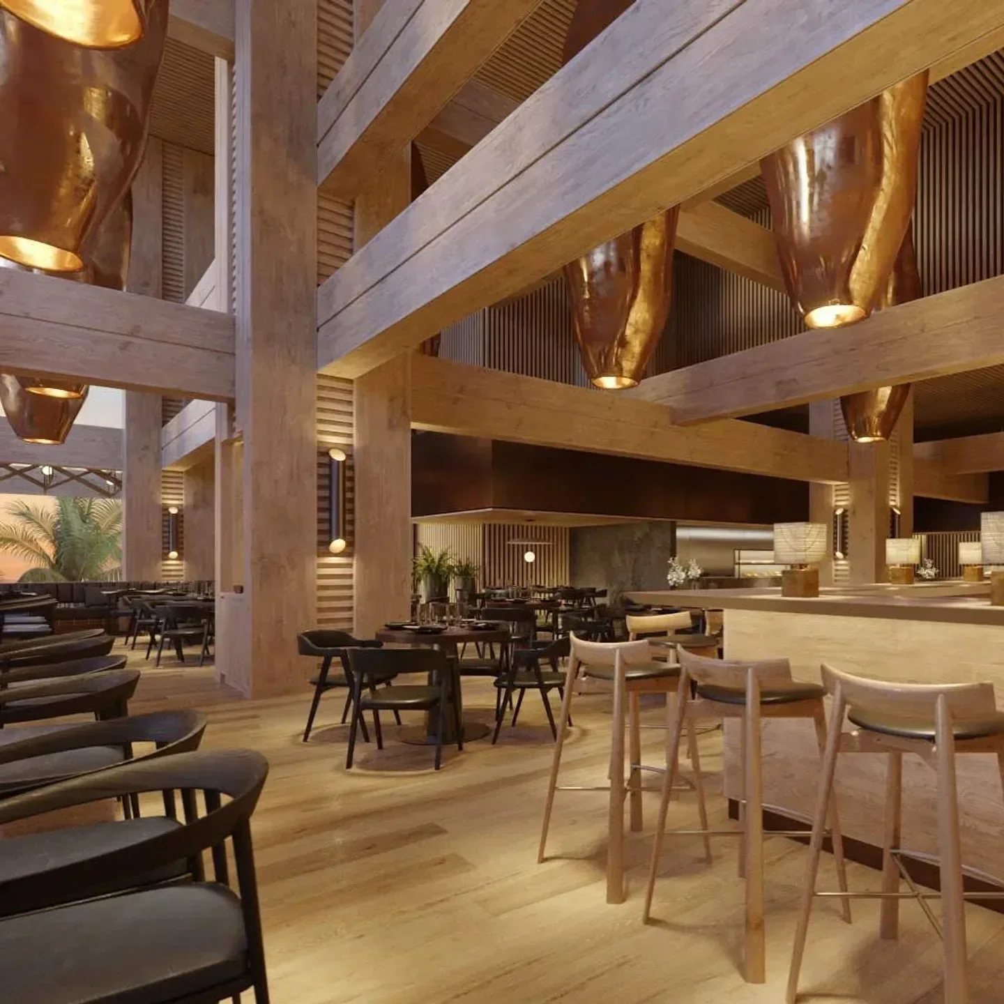 Interior of Katsuya restaurant in Los Angeles featuring unique lighting and wooden beams