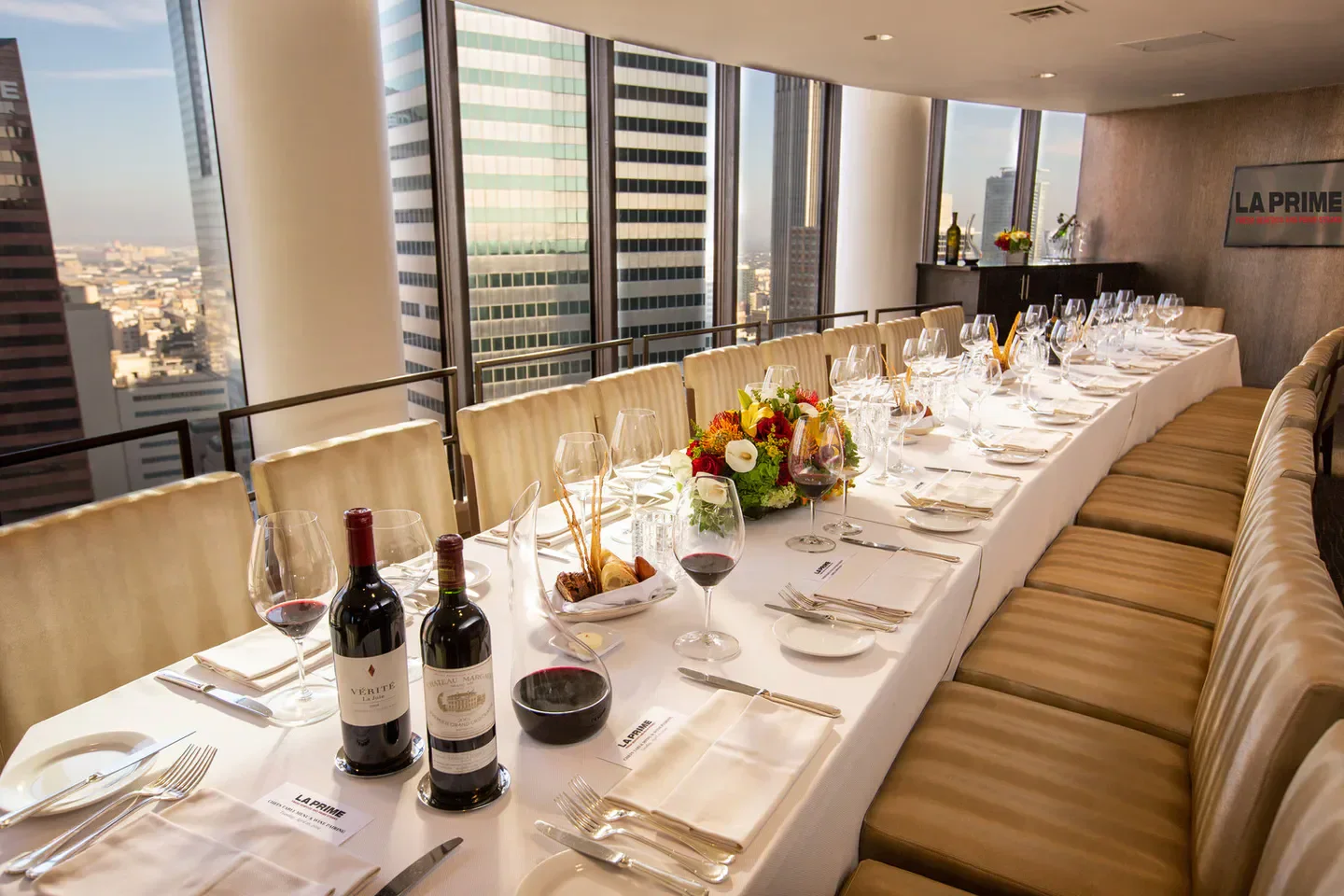 Elegant dining at LA Prime Steakhouse in Los Angeles with city views and wine.