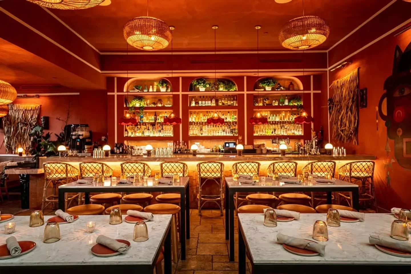 Interior of Mírate restaurant in Los Angeles, featuring stylish bar and dining area