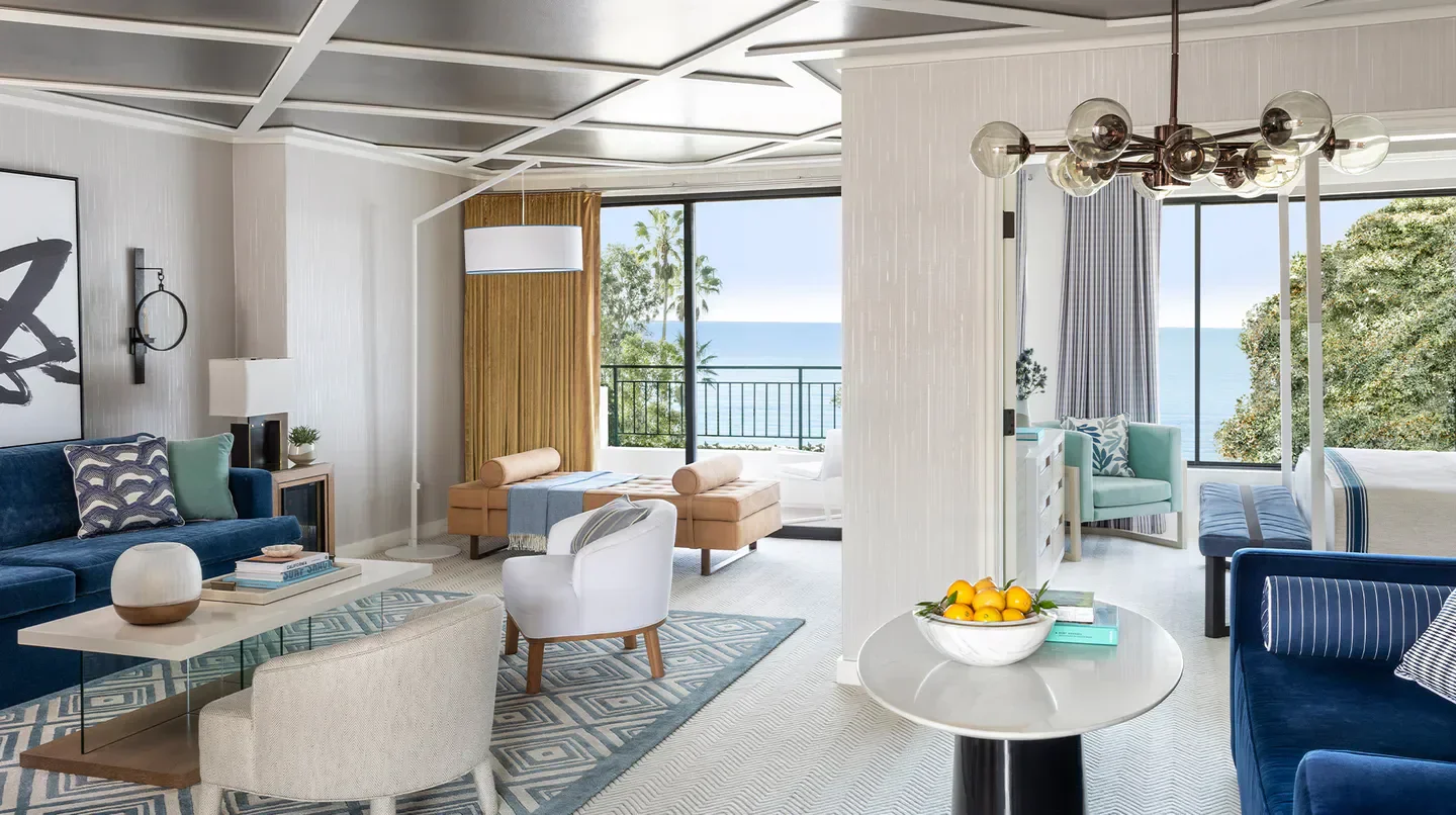 Stylish suite at Oceana Santa Monica, LXR Hotels & Resorts in Los Angeles with ocean views.