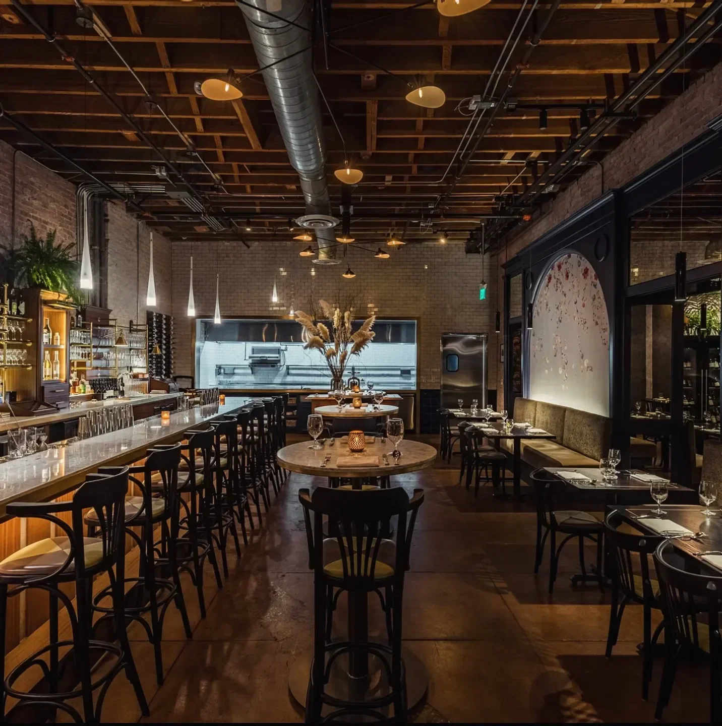 Interior of Pasjoli restaurant in Los Angeles, featuring bar and dining area.