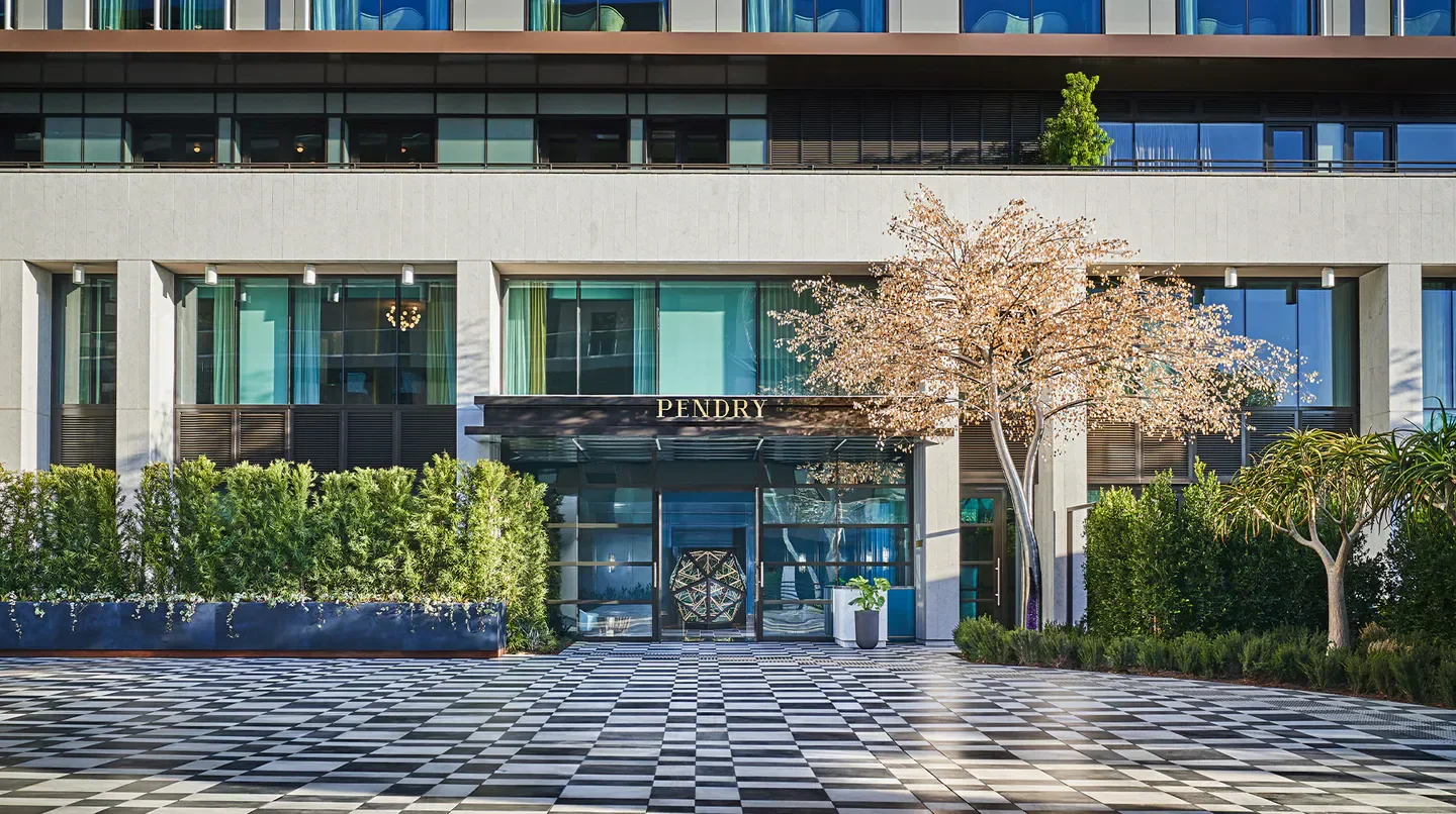 Entrance of Pendry West Hollywood hotel in Los Angeles, featuring stylish architecture and design