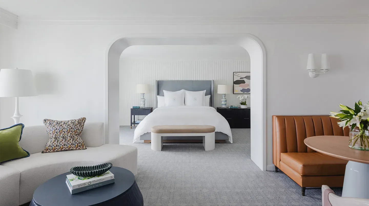 Elegant bedroom interior at Regent Santa Monica Beach in Los Angeles, CA.