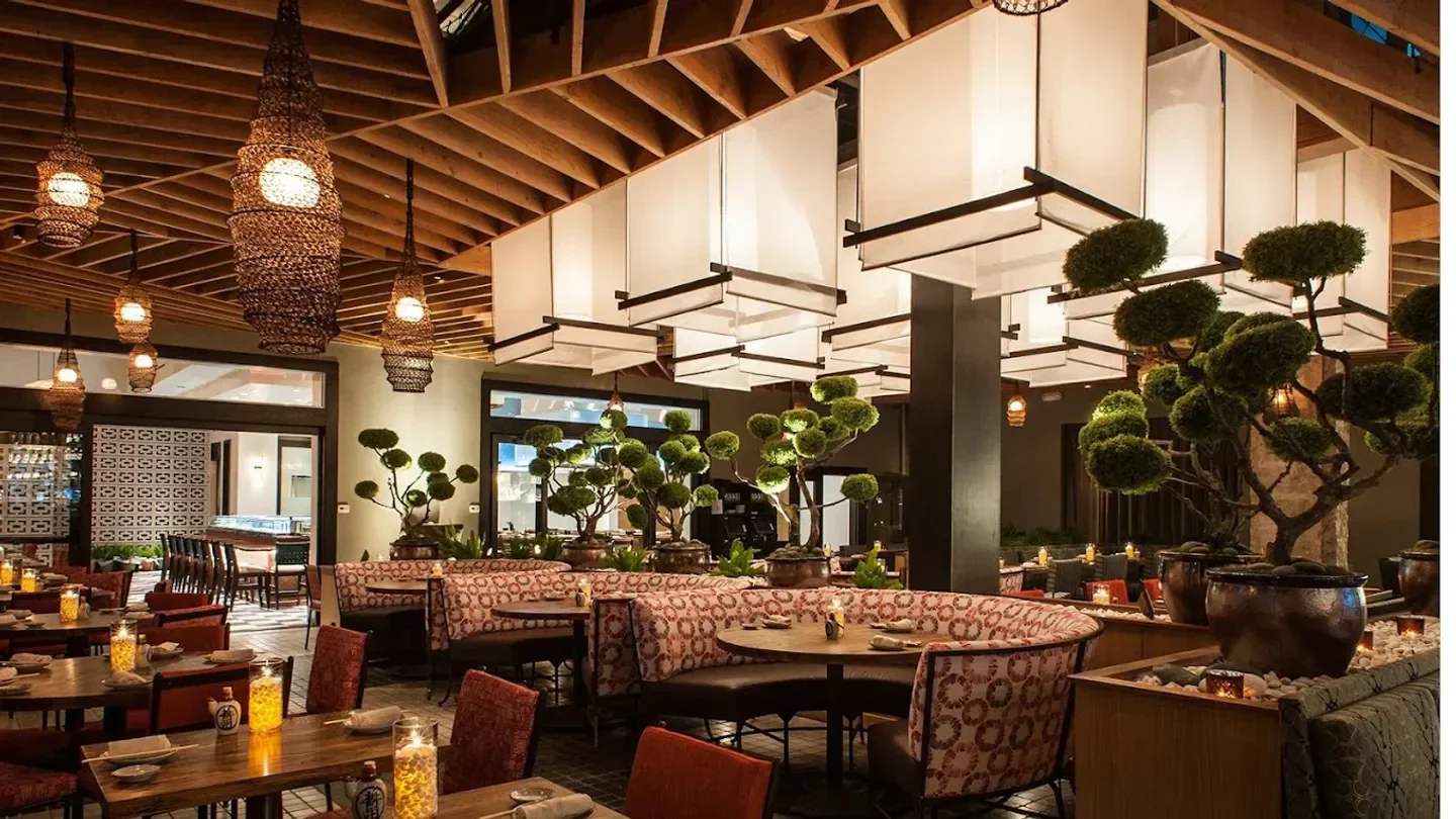 Interior of Roku restaurant in Los Angeles, featuring stylish decor and bonsai accents.