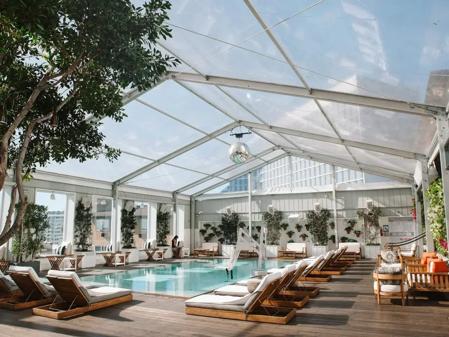 Skybar at Mondrian in Los Angeles: Poolside lounge area with a retractable roof.