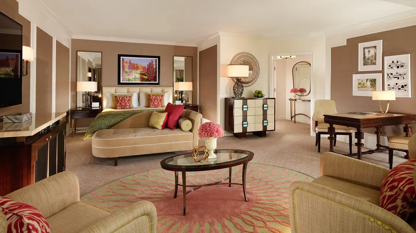 Luxury suite interior at The Beverly Hills Hotel in Los Angeles, featuring stylish decor.