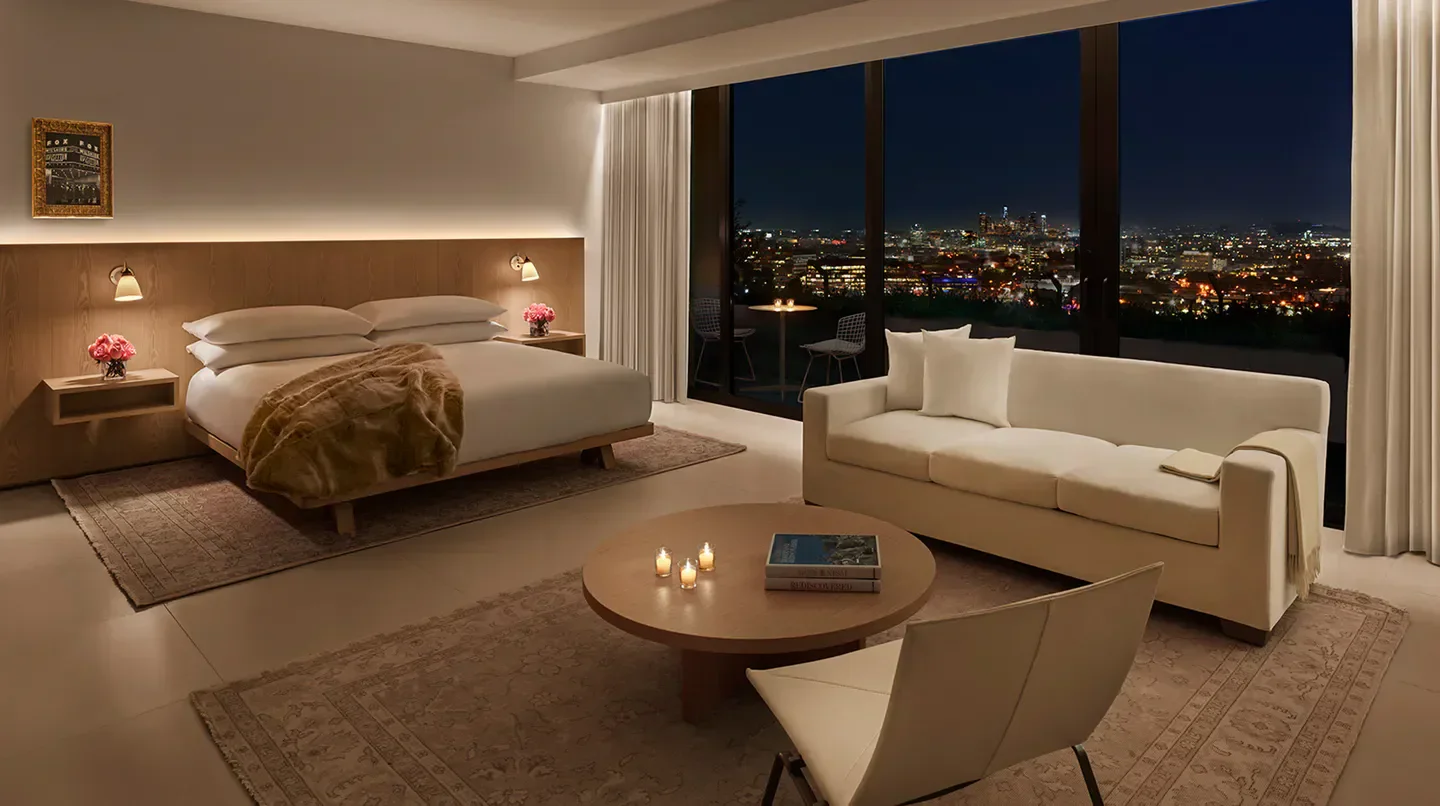 Luxury room at The West Hollywood EDITION in Los Angeles with city night views.