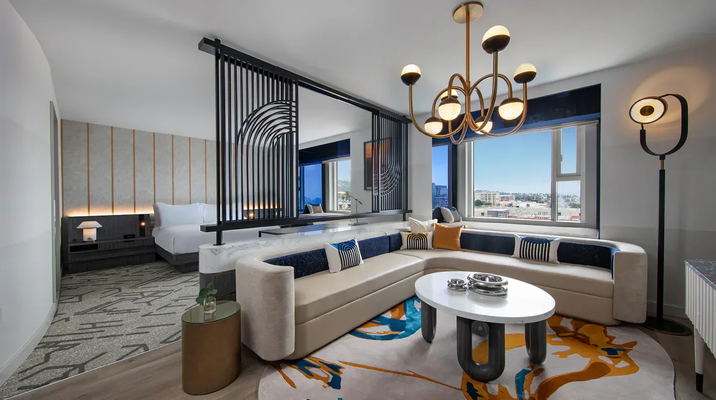 Modern suite interior at the W Hollywood hotel in Los Angeles, featuring stylish decor.