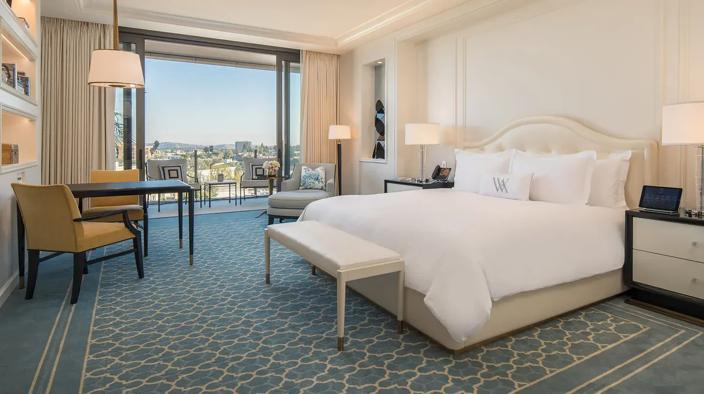 Luxury suite with city views at the Waldorf Astoria Beverly Hills in Los Angeles.